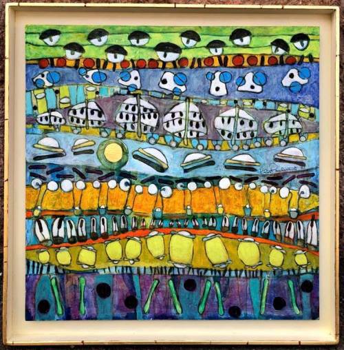 Akryl, bladguld/silver på pannå. 61x60 cm.  Utan titel.